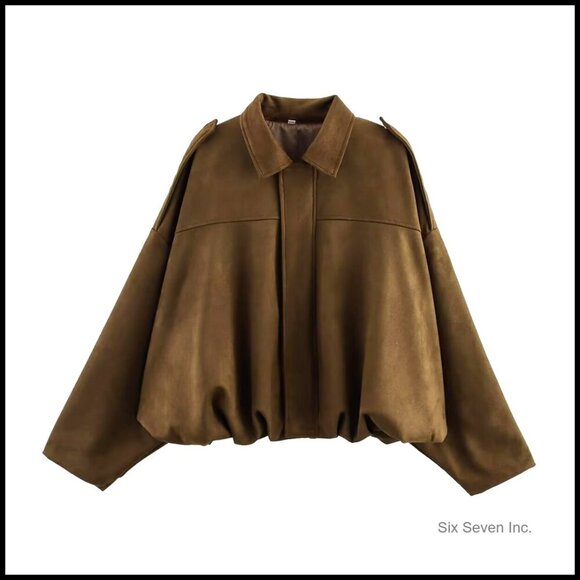 Jackets & Blazers - Faux Suede Bomber Jacket Oversized Lapel Long Dolman Sleeves Streetwear Chic